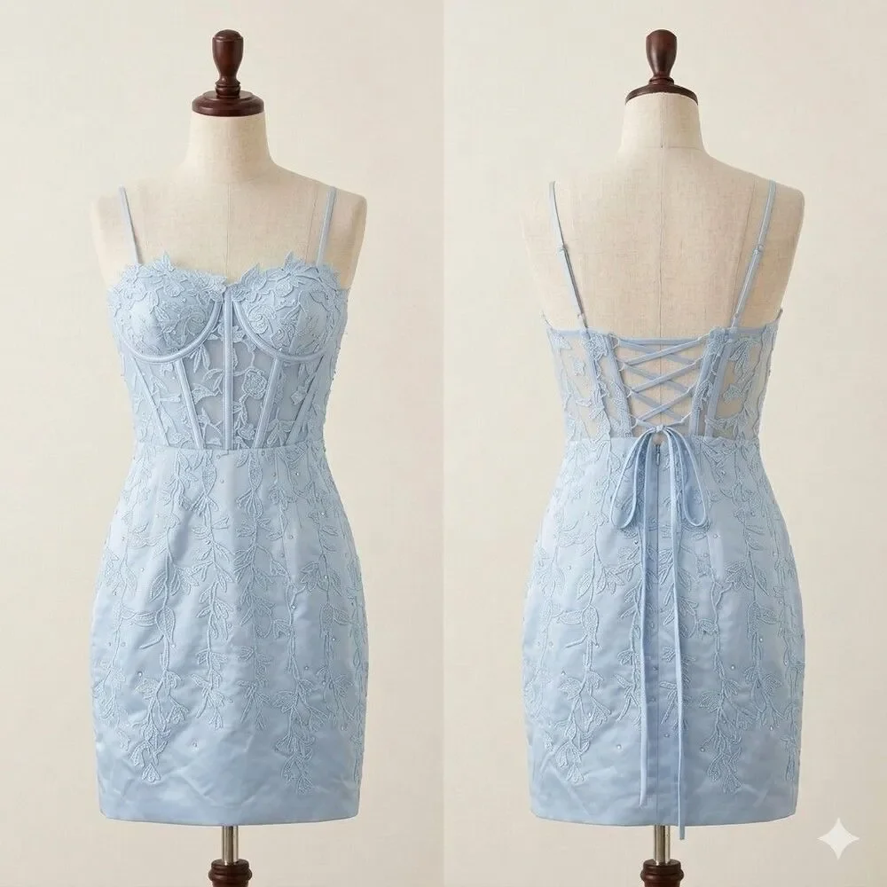 Light Blue Lace up sheer CORSET Mini Dress Fairycore Coquette Hoco PROM XS 0 - 2 - Picture 2 of 8